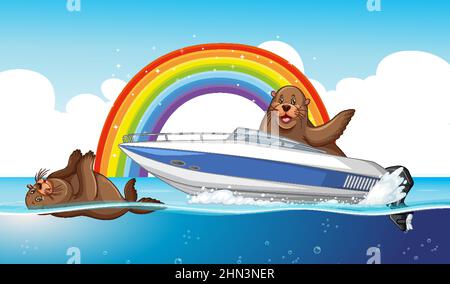 Sea lions animal cartoon in the water with rainbow illustration Stock Vector