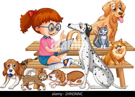 A girl with her cute dogs in cartoon style illustration Stock Vector