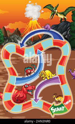 Snake and ladders game template in dinosaur theme illustration Stock Vector