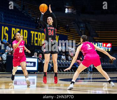 Berkeley, CA U.S. 13th Feb, 2022. A. Utah guard Kennady McQueen (24) takes a jump shot during the NCAA Women's Basketball game between Utah Utes and the California Golden Bears. Utah beat California in overtime 80-75 at Hass Pavilion Berkeley Calif. Thurman James/CSM/Alamy Live News Stock Photo