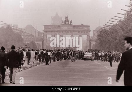 Vintage photo of Berlin Crisis of 1961: Building the Wall Crowds of West Berliners Stand Before the Now Closed Brandenburg Gate, Formerly a Principle Stock Photo