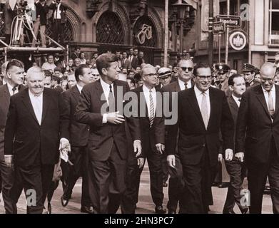 Vintage photo of Berlin Crisis of 1961: Building the Wall. President walks from Frankfurt's historic Paulskirche with leading German officials. On the