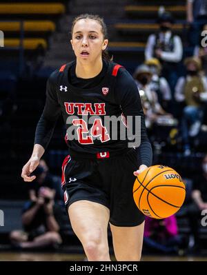 Berkeley, CA U.S. 13th Feb, 2022. A. Utah guard Kennady McQueen (24) brings the ball up court during the NCAA Women's Basketball game between Utah Utes and the California Golden Bears. Utah beat California in overtime 80-75 at Hass Pavilion Berkeley Calif. Thurman James/CSM/Alamy Live News Stock Photo