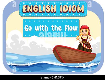 English idiom with picture description for go with the flow illustration Stock Vector