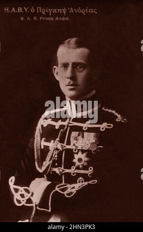 Vintage Greek postcard of prince Andrew of Greece and Denmark. Prince Andrew of Greece and Denmark (1882–1944) of the House of Schleswig-Holstein-Sond Stock Photo