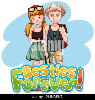 Besties Forever typography logo with a couple teenagers illustration Stock Vector