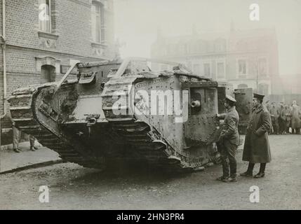 Vintage photo of British Mark IV Tank. Cambrai, France. 1917 Stock Photo
