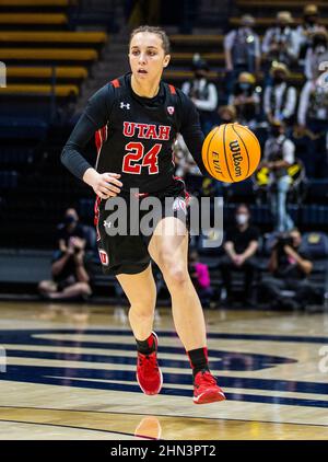 Berkeley, CA U.S. 13th Feb, 2022. A. Utah guard Kennady McQueen (24) brings the ball up court during the NCAA Women's Basketball game between Utah Utes and the California Golden Bears. Utah beat California in overtime 80-75 at Hass Pavilion Berkeley Calif. Thurman James/CSM/Alamy Live News Stock Photo