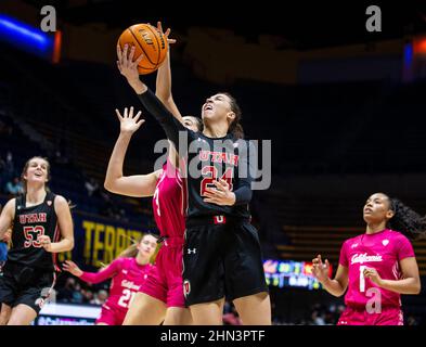 Berkeley, CA U.S. 13th Feb, 2022. A. Utah guard Kennady McQueen (24) drives to the hoop during the NCAA Women's Basketball game between Utah Utes and the California Golden Bears. Utah beat California in overtime 80-75 at Hass Pavilion Berkeley Calif. Thurman James/CSM/Alamy Live News Stock Photo