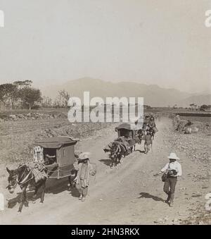 Vintage photo of Chinese men in traditional dress and donkey carts on the way to the tombs of the Ming Dynasty. North China. November 1902 Stock Photo