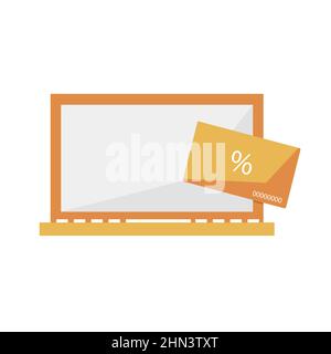 Bonus card and laptop in orange color. Flat design, vector element for online shop, infographic, landing page, app or web ui, icon Stock Vector
