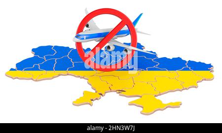 Closing airspace in Ukraine, prohibition and restrictions of airspace usage. Plane in forbidden symbol over Ukrainian map. 3D rendering isolated on wh Stock Photo