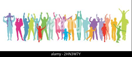 Happy families, parents and children having fun together isolated on white background illustration Stock Vector