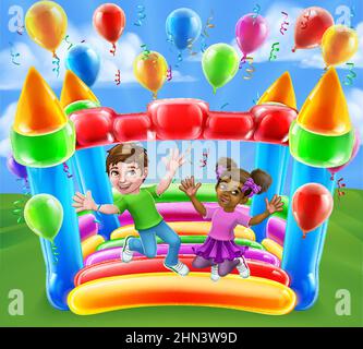 Bouncy House Castle Jumping Girl Boy Kids Cartoon Stock Vector