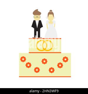 Wedding cake with decoration and bride and groom figurines isolated on a white background. Wedding pie. Vector illustration Stock Vector