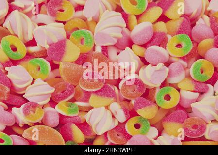 Assorted gummy candies. Top view. Stock Photo