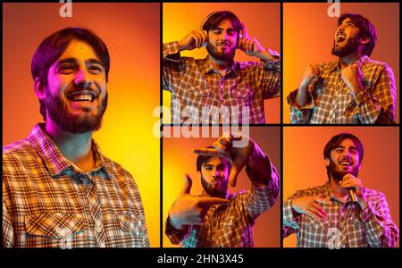 Collage. Portraits of young cheerful man in checkered shirt posing isolated over gradient yellow background in neon lights Stock Photo