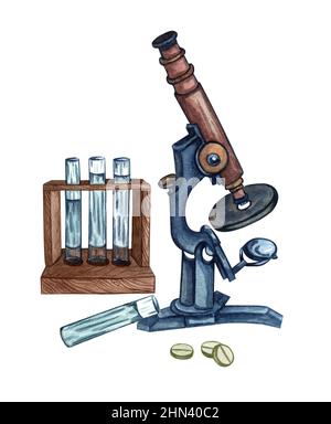 Watercolor microscope and test tubes. Hand drawn illustration isolated ...