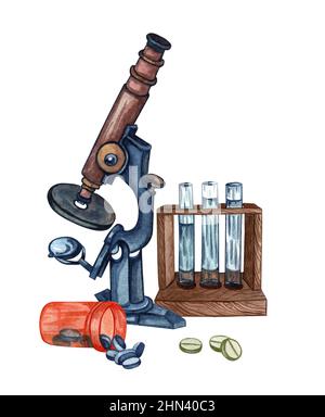 Watercolor microscope and test tubes. Hand drawn illustration isolated ...