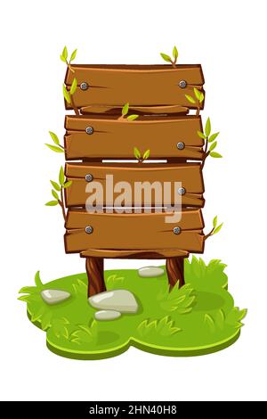 Wooden banner from panels on a cartoon island with grass. Stock Vector