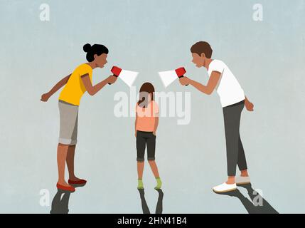 Parents with megaphones yelling at daughter Stock Photo