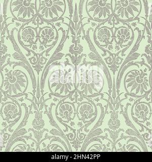 Floral Damask seamless pattern. Vintage filigree background, repeating outline grey flowers foliage. Victorian fashion decor. Antique ornament wallpap Stock Vector