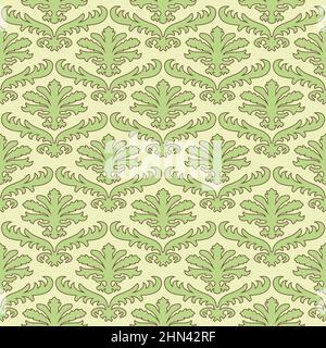 Floral Damask seamless pattern. Vintage baroque background, repeating outline green flowers foliage. Victorian fashion decor. Antique ornament wallpap Stock Vector