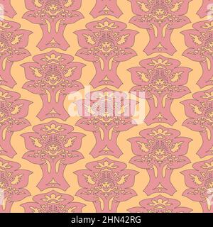 Floral Damask seamless pattern. Vintage baroque background, repeating outline pink flowers foliage. Victorian fashion decor. Antique ornament wallpape Stock Vector