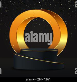 Black and gold podium with golden circle and gold glitters on black background.Pedestal or stage for presentations. Stock Vector