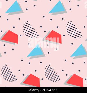 Seamless pattern in minimalistic geometric style. Pink, blue, red and black colors. Memphis style retro print. Abstract doodle background. Endless des Stock Vector