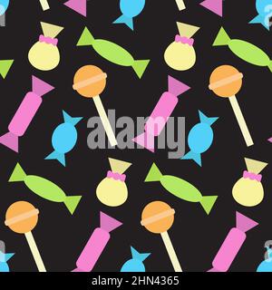 Colorful seamless pattern with different candies and lollipops. Print for textiles, fabric, wallpaper, cards, gift wrap and clothes. Endless design. D Stock Vector