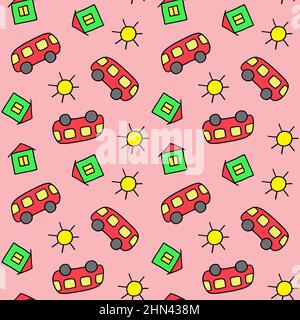 Cute seamless pattern for children. Bus, house and sun. Colorful print. Doodle style illustration. Print for cards, invitations, baby shower, wrapping Stock Vector