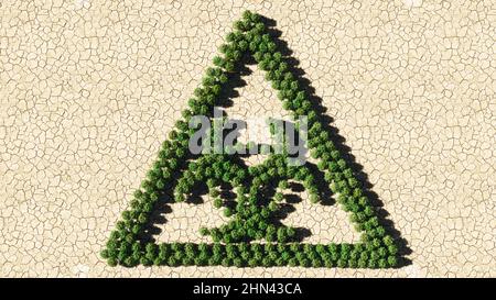 Concept or conceptual group of green forest tree on dry ground background,toxic icon. 3d illustration metaphor for danger, warning, caution, biohazard Stock Photo