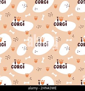 Seamless pattern with hand drawn letterings - I love corgi. Abstract vector background. Stock Vector