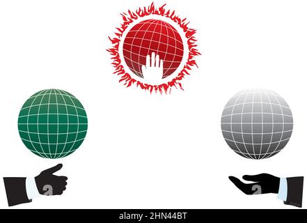 a set of icons of the globe and hand on white background Stock Vector