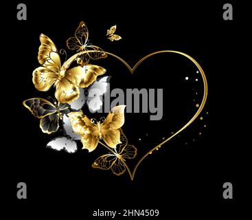 Gold heart shaped frame, decorated with gold, jewelry and white butterflies on black background. Stock Vector