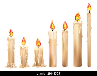 Set of isolated, artistically drawn, burning candles with red fire on white background. Stock Vector