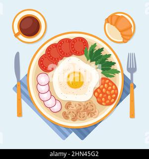 Breakfast with fried egg, croissant and coffee, vector illustration Stock Vector