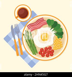 Breakfast with fried egg, tomato, corn, greens, asparagus and bacon, coffee, vector illustration Stock Vector