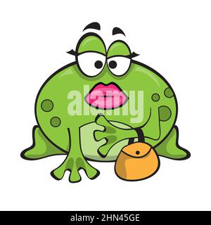 Frog woman with kiss mouth, pink lips and funny eyebrows on isolated white background. Comic female frog with a bag in her hand Stock Vector