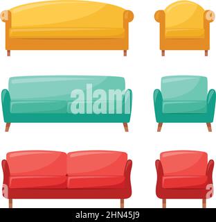 Set of colored sofas and armchairs. Collection of comfortable sofas and armchairs for interior design, vector illustration Stock Vector