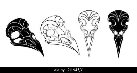 Isolated, silhouetted and contoured skulls drawn from different angles on white background. Stock Vector