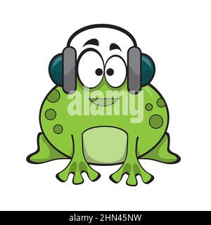 Cute frog listening music with headphone. Cute cartoon animal illustration on white Stock Vector