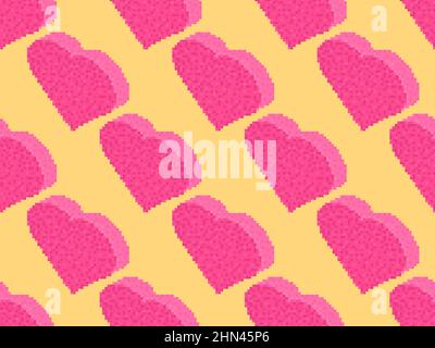 Background with pixel hearts for Valentine's day. 3d isometric pixel hearts in the style of retro games with 8 bit graphics. Design for greeting card Stock Vector