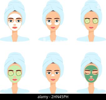 Set of beautiful women with different face mask. Spa beauty treatment, vector illustration Stock Vector