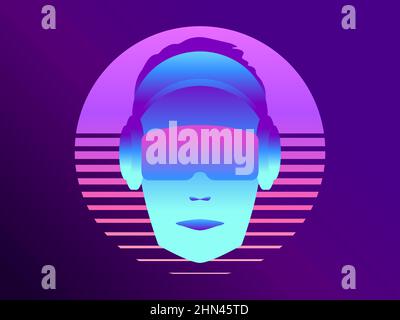 Face in headphones and virtual reality glasses on the background of the retro sun of the 80s. Metaverse NFT non-fungible token. Digital art in blockch Stock Vector