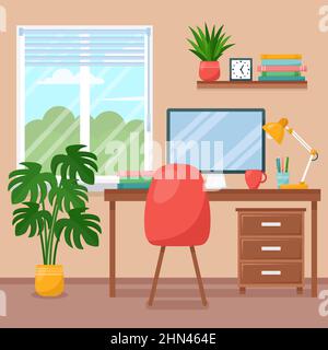 Workplace room, interior of work cabinet at home, vector illustration Stock Vector