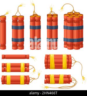 Dynamite explosive sticks, pyrotechnics explosion dynamite checkers. Red dynamite bomb burning sticks vector illustration set. Burning dynamite Stock Vector