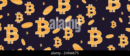 Pixel art bitcoin sign with golden coins horizontal banner. Retro 8-bit video game. Blockchain technology, cryptocurrency. Design for banners and prom Stock Vector