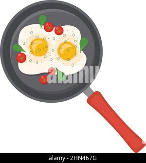 Frying pan with fried eggs, tomato, greens on white background, vector illustration Stock Vector